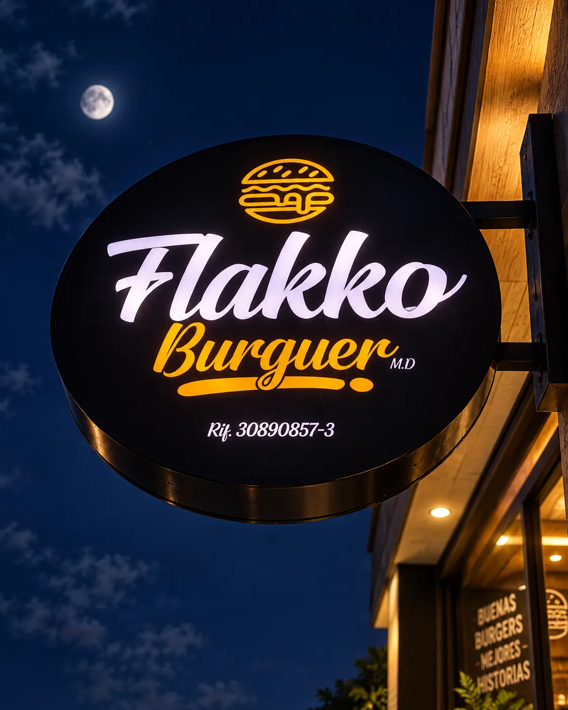 Letrero luminoso de Flakko Burguer de noche