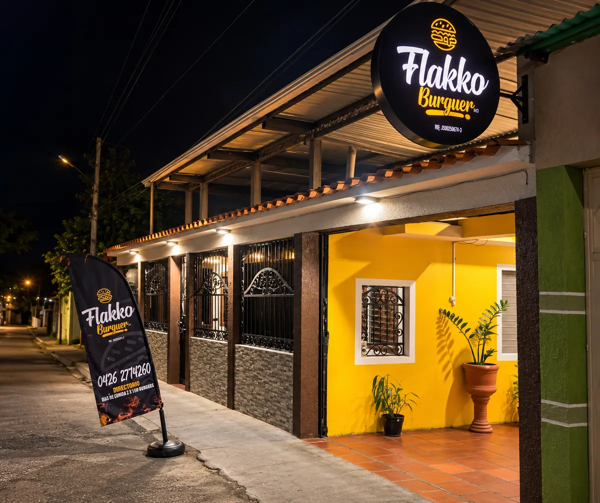 Fachada de Flakko Burguer en Rubio de noche, con el letrero iluminado y la bandera en la acera